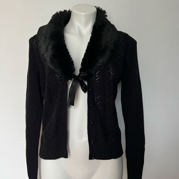 Liz Claiborne Black Cardigan Removable Faux Fur collar - Picture 1 of 11